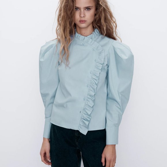 SOLD!!!Zara Ruffled High Collar Puff Sleeves Blue - Picture 4 of 9